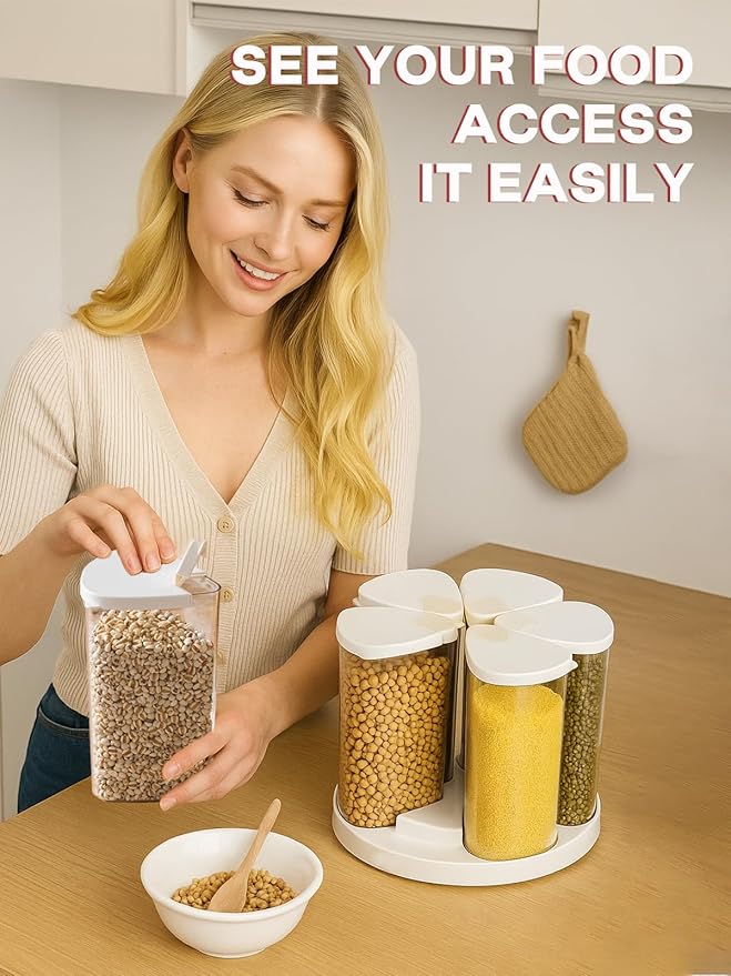 LivLab Mker 5-10 lbs Rice Dispenser - Rotating Cereal dispenser countertop for Pantry - Small Food Storage Containers with Lids, BPA-Free PET Grain Canister Sets 6 Grids, for Oats, Corn Flakes, flour
