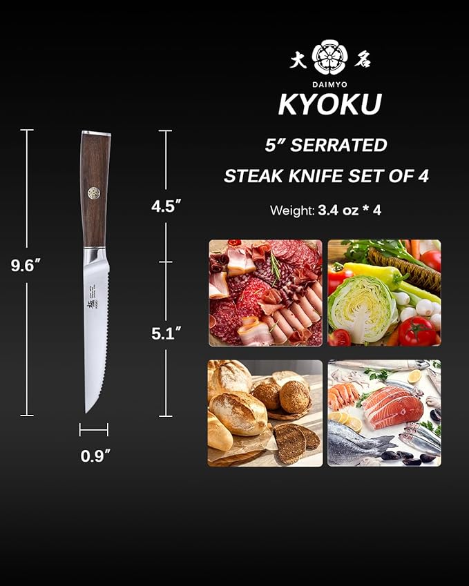 KYOKU 5 Inch Steak Knife Set of 4 - Daimyo Series Japanese 440C Stainless Steel Serrated Steak Knives - Ergonomic Rosewood Handles Mosaic Pins - with Sheaths & Case