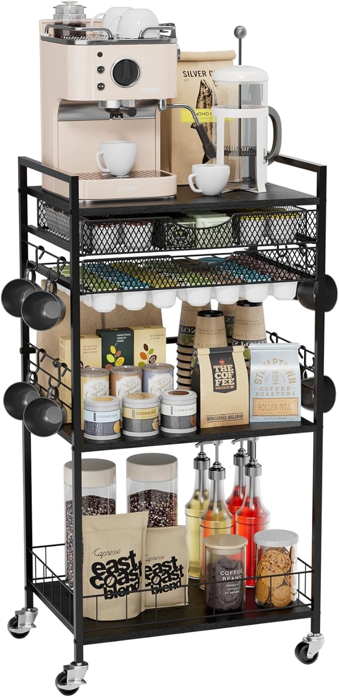 Coffee Bar Station with Storage Drawer - 5 Tier Coffee Table Countertop Organizer for K Cups, Tea Bags, Sugar Storage and Kitchen Cabinets (Black)