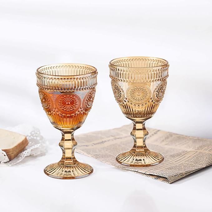 24 Pcs Vintage Wine Glasses, 10 Oz Colored Glass Water Goblets, Unique Flower Embossed Pattern High Clear Stemmed Glassware Wedding Party Bar Glass Drinking Cups Flower Amber Fancy Glasses Set of 24