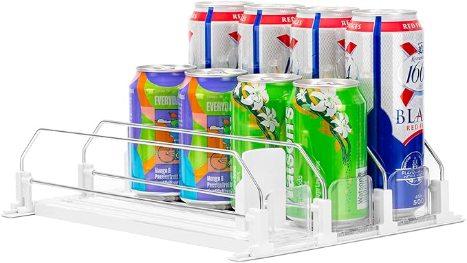 Rula Drink Organizer for Fridge, Self-Pushing Soda Can Dispenser for Mini Refrigerator, Width Adjustable Water Bottle Pusher Glide, White, 3 Rows,12.2” D