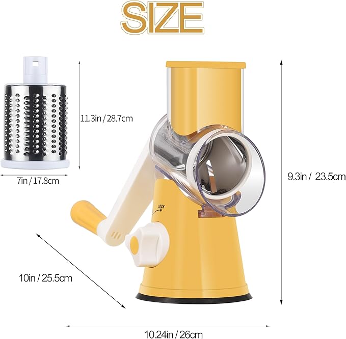 Ourokhome Rotary Cheese Grater Hand Crank, Kitchen Shredder Speed Mandolin Slicer Nut Grinder with Handle and Drum Blades for Cheese, Vegetable, Walnut, Chocolate, Potato, Carrot, 3 Blades, Yellow