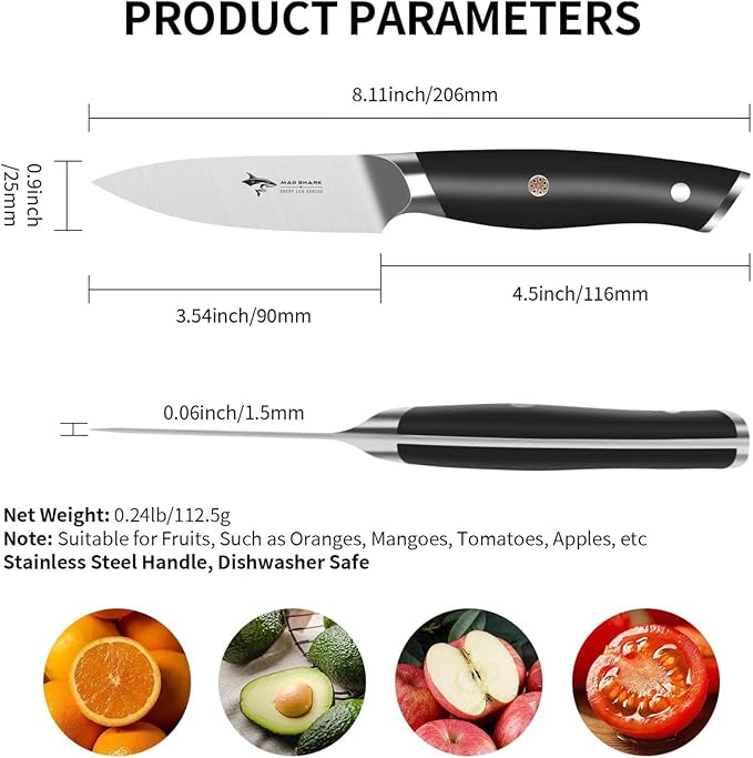 MAD SHARK 3.5 inch Paring Knife, Small Kitchen Knives Ergonomic Handle, Ultra Sharp Fruit Knife for Fruits,Vegetables, Forged Synergy by German Stainless Steel