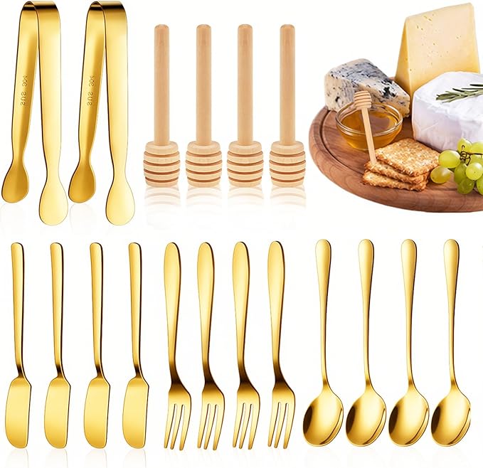 Charcuterie Board Accessories, 18 Pcs Gold Stainless Steel Spreader Knives Set Include Mini Serving Tongs, Cheese Butter Knives, Spoons, Forks, Honey Dippers