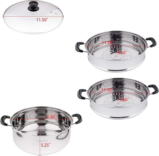 3 Tier Stainless Steel Steamer Pot For Cooking With Stackable Pan Insert, Food/Vegetable Steamer Cooker, Cookware Pot/Saucepan with Glass Lid, Multilayer By Lake Tian (28cm/11in)
