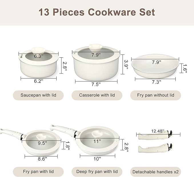 FAB&DELUXE Nonstick Cookware Set,13 Pcs Nonstick Pots and Pans with Lids, Aluminum Induction Cooking Set with Detachable Handle, Oven Safe, Non Toxic Healthy Kitchen Cookware Sets, PFAS and PFOA Free