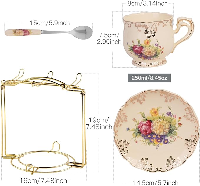 YOLIFE Flowering Shrubs Tea Cups and Saucers Set of 6, Ivory Ceramic Floral Tea Cups Set with Golden Rack, Coffee Cups, 8 oz