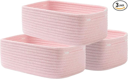 Small Woven Basket, 12 x 8 x 4.5 Inches, Storage Basket for Organizing, Cute Small Rope Shelf Closet Cube Storage Bins Baskets for Shelves, Dog Toy Gift Baskets Empty, 3 Pack Light Pink