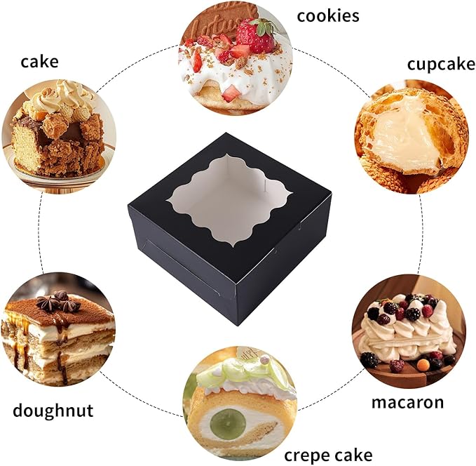 6x6x3 Inches Small Cake Box with Window, Bakery Box, Pastry Boxes, Cookie Boxes, Mini Pie Box for Pastry,Dessert,Strawberries,Chocolates, Cupcakes with paper stickers (Black/36pcs)