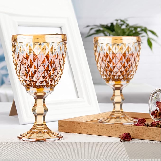 24 Pcs Vintage Wine Glasses, 10 Ounce Colored Glass Water Goblets, Unique Embossed Pattern High Clear Stemmed Glassware Wedding Party Bar Glass Drinking Cups, Diamond Amber Glasses Set of 24