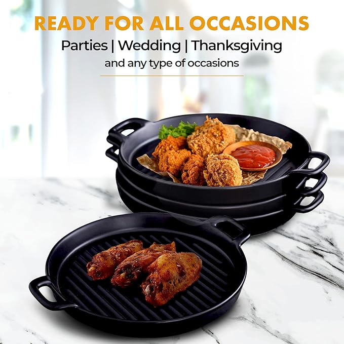 Bruntmor 10" X 6" Black Porcelain Set of 4 Serving Platters. Amazing lasagna pan with handle, Matte Glaze Baking Dish Dinner Plates, Oven Safe Serving Dishes, Round (Matte Glaze)