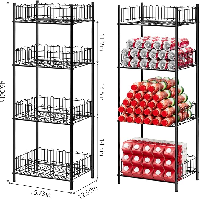 Vrisa Water Bottle Organizer 4 Tiers Free Standing Water Bottle Holder Beverage Soda Can Drink Holder Stand Can Organizer Storage Rack for Pantry Kitchen Food Storage, Black