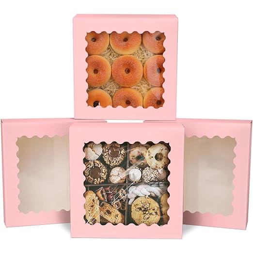 qiqee Auto-pop Up Pink Pie Boxes with Window 10x10x2.5 inch 20Packs Cookie Donut Bakery Box