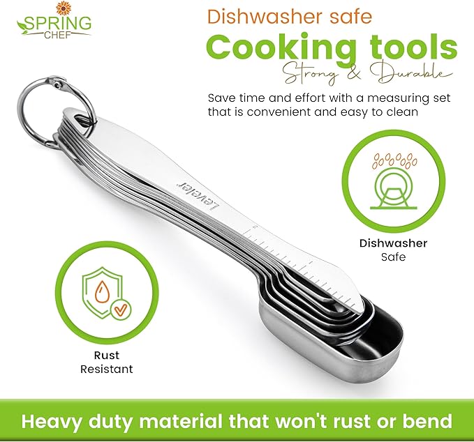 Spring Chef Stainless Steel Measuring Cups and Spoons Set of 14 with Leveler, Nesting Kitchen Metal Measuring Cups and Spoons Set for Dry and Liquid Ingredients, Perfect for Cooking & Baking