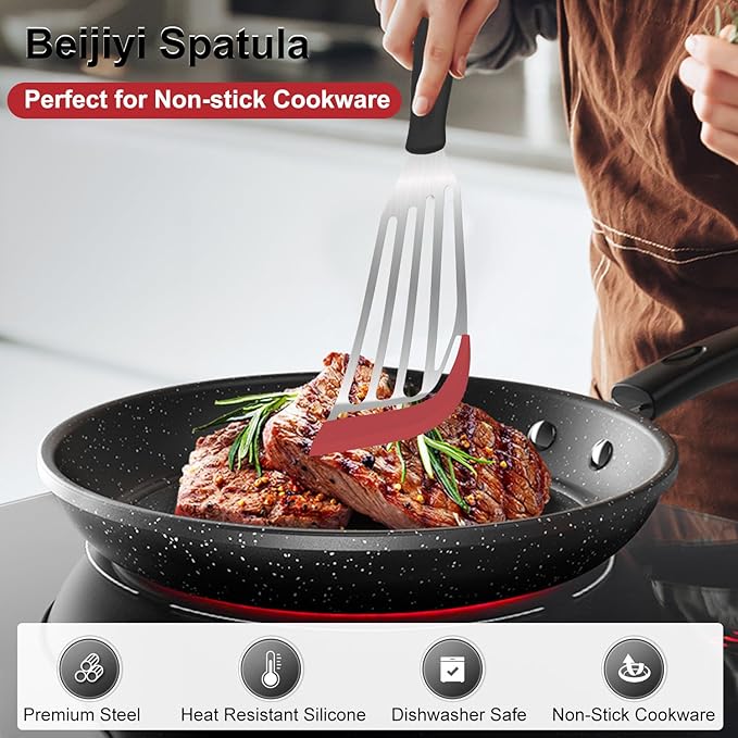 Beijiyi Fish Spatula Turner Set of 2, Heat Resistant Silicone Edge Slotted Fish Spatulas for Nonstick Cookware, Flexible and Thin Stainless Steel Kitchen Cooking Spatula Flipper for Fish, Egg, Pancake