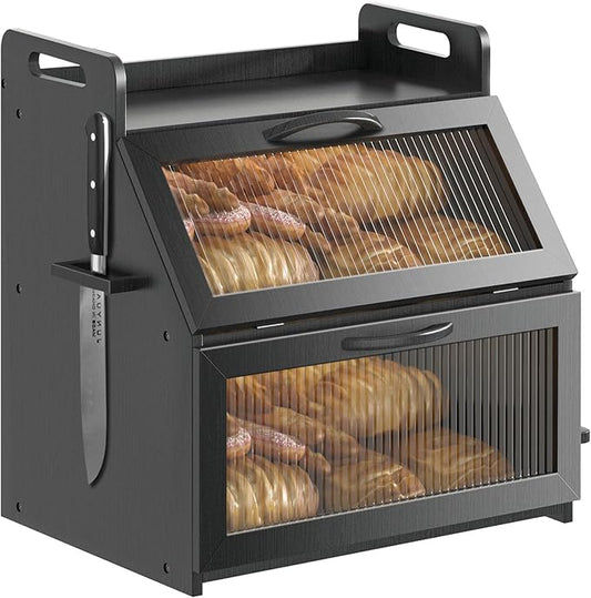 Bread Box, Bread Box for Kitchen Countertop, Large Bread Storage Container for Homemade Bread, Wooden Farmhouse Breadbox Organizers, Double Layer Bread Bin with Acrylic Window Bread Holder,Black