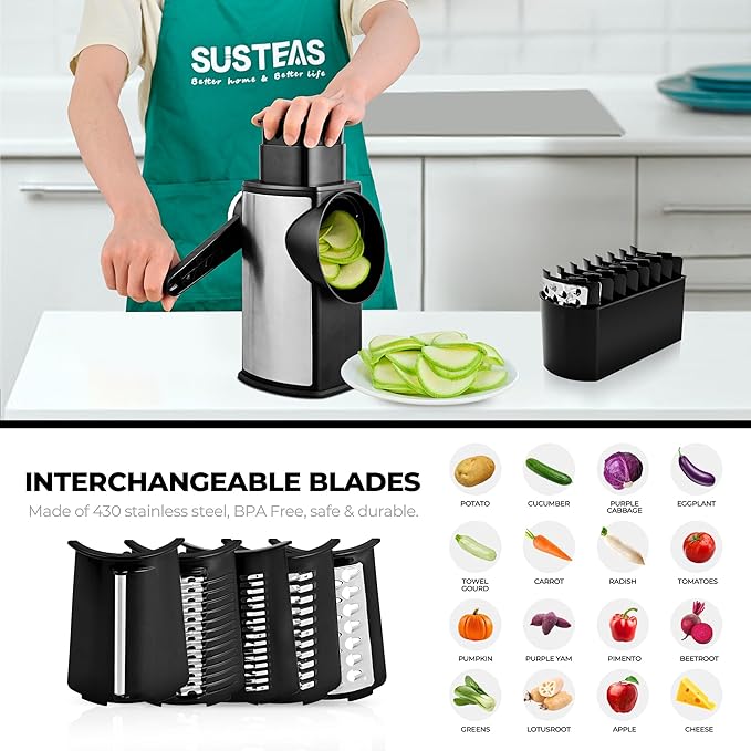 SUSTEAS Rotary Cheese Grater with Handle, Kitchen Mandoline Vegetable Slicer with 5 Interchangeable Blades, Easy to Clean, Strong Suction, Grater Slicer for Fruit, Vegetables, Nuts, with Storage Case