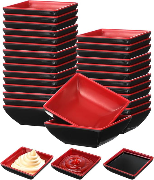 30 Pcs Dipping Bowls, Soy Sauce Dishes, Black Red Dipping Sauce Plate Set Small Dish Pinch Bowls for Condiment, Snack, Sushi, BBQ, Desserts