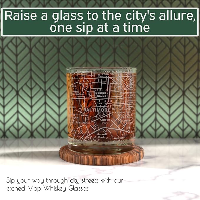 Greenline Goods Whiskey Glasses - 10 Oz Tumbler Set for Baltimore lovers, Etched with Baltimore City Map Old Fashioned Rocks Glass - Set of 2