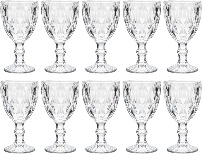 Beille Set of 10 Clear Carved Goblet Water Glasses Home Décor Entertaining Essentials Glassware, 10oz