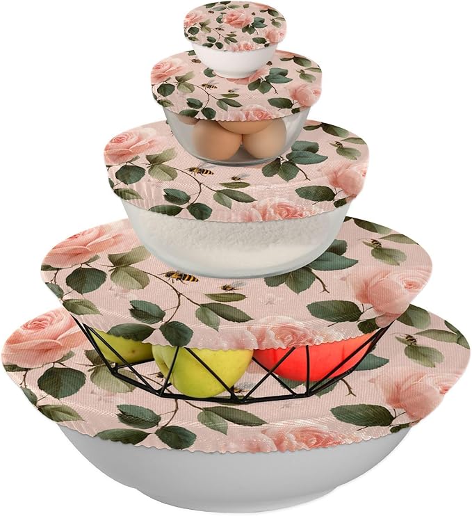 5 Pcs Bowl Covers Reusable in 5 Size Elastic Food Cover Cloth Lids Fresh Keeping Dish Cookware Bakeware Fabric Covers Lids for Food Leftovers Fruits Storage Pastel Pink Rose and Honeybees
