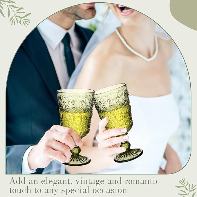 Eaasty Wine Glasses Set of 6 Vintage Goblet 9 oz Vintage Colored Glass Goblet Beverage Stemmed Glass Cups Romantic Embossed Glassware for Wedding Party Holidays Anniversary (Green)