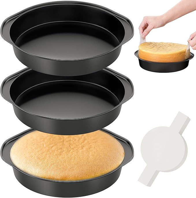 8 Inch Round Cake Pan with Handle, 3PCS Nonstick Cake Pans with 100 PCS Parchment Paper