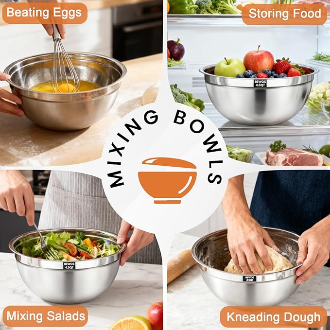BEWOS Mixing Bowls with Airtight Lids Set - 5 Pcs Stainless Steel Mixing Bowls With 3 Grater Attachments, Size 4.5, 4, 3.5, 2.1, 1.5QT Metal Bowls for Baking and Serving (Colored)