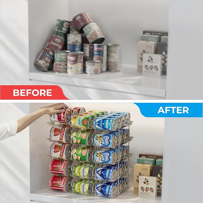 Stackable 5 Tiers Can Organizer Pantry, Canned Food Holder for Fridge Holds 60 Cans, Free Combination & Automatic Rolling, Space Saving Storage for Refrigerator Kitchen Pantry, Clear