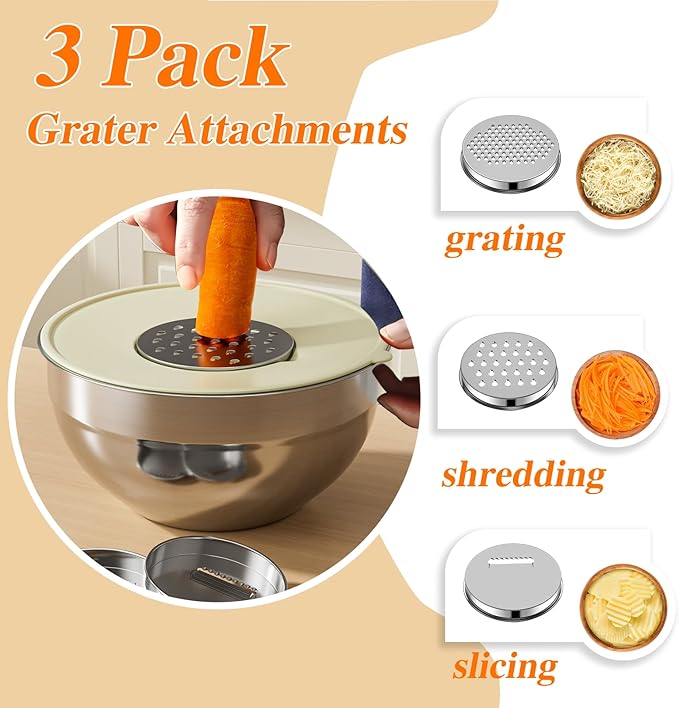 Mixing Bowls with Lids Set, 6 PCS Stainless Steel Mixing Bowls with 3 Grater Attachments, Kitchen Food Storage Organizers Nesting Mixing Bowl, Large Size 4.5, 3.5, 2.1, 1.5, 1.1, 0.7QT