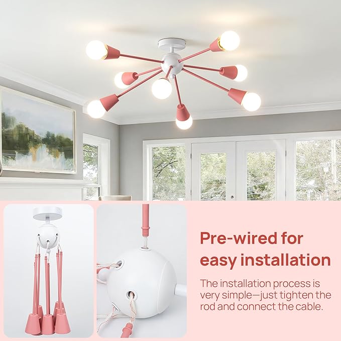 Pink Sputnik Chandelier Ceiling Light Fixture, 8-Lights Modern Sputnik Lights Fixture with E26 Base, Semi Flush Mount Ceiling Light for Bedroom Kitchen Dining Room Entryway