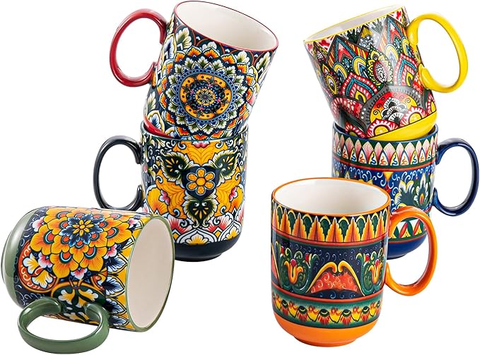 Henten Home Porcelain Coffee Mug Set of 6, 14 oz Colorful Latte Cup with Handle, Boho Ceramic Mug for Hot Chocolate, Milk, Tea, Cappuccino, Cocoa, Microwave & Dishwasher Safe