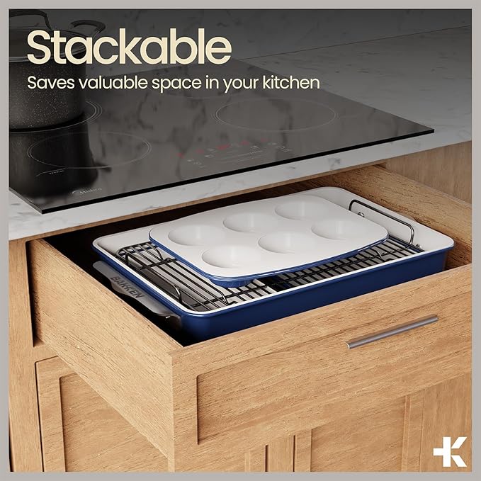 Bakken 8-Piece Stackable Bakeware Set – Ceramic Non-Stick, Oven-Safe Baking Sheets & Pans, PTFE/PFOA/PFOS-Free, Ergonomic Handles, Includes Cooling Rack – Healthy, Non-Toxic Baking Essentials