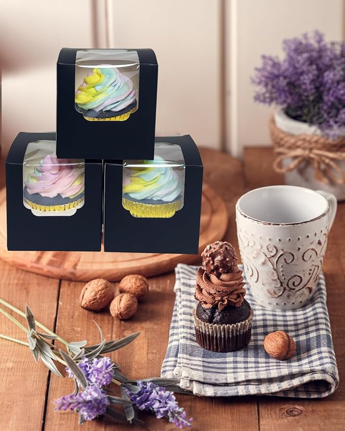 Bakepacker Auto-pop up Cupcake Boxes 30-Packs Individual Cupcake Container Black 3.5" x 3.5" x 3.5" Single Cupcake Boxes