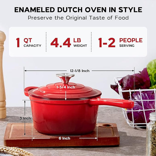 Onader Enameled Cast Iron Sauce Pan, 1QT Small Saucepan with Lid, Cast Iron Sauce Pot Enamel Dutch Oven, Nonstick & Heavy Duty – Red