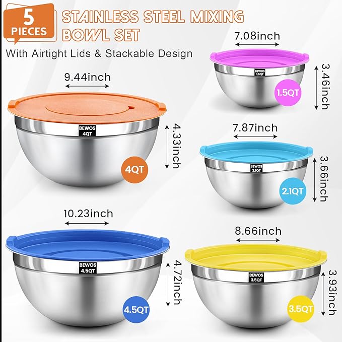 BEWOS Mixing Bowls with Airtight Lids Set - 5 Pcs Stainless Steel Mixing Bowls With 3 Grater Attachments, Size 4.5, 4, 3.5, 2.1, 1.5QT Metal Bowls for Baking and Serving (Colored)