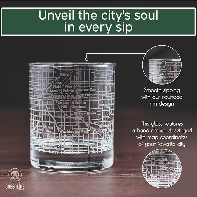 Greenline Goods Whiskey Glasses - 10 Oz Tumbler Gift Set for Denver lovers, Etched with Denver Map | Old Fashioned Rocks Glass - Set of 2