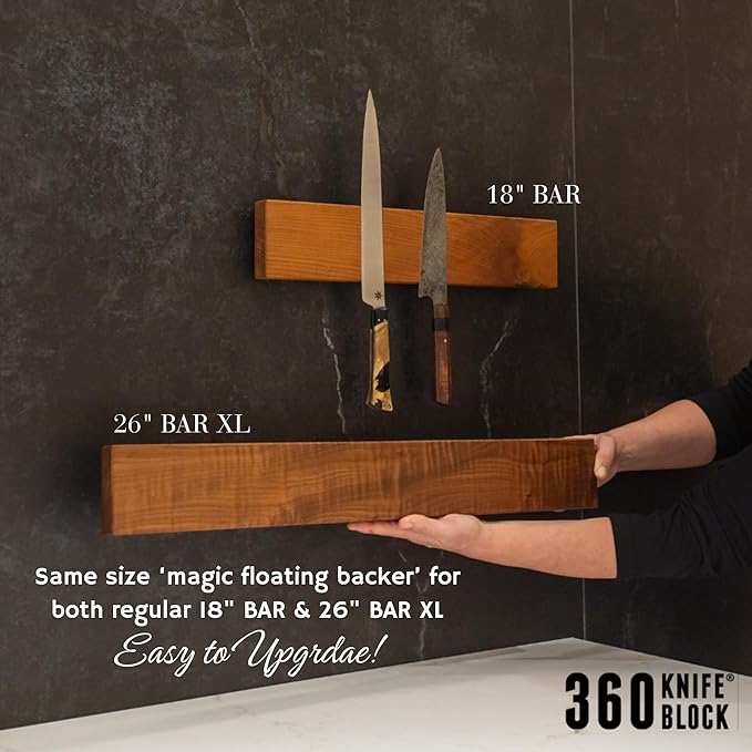 360KnifeBlock BAR XL - 4”x26” Guitar Wood, verticle hang wall mount knife BAR - integrated level, marine grade metal clips, two 2” wall screws - Guitar Wood 26"