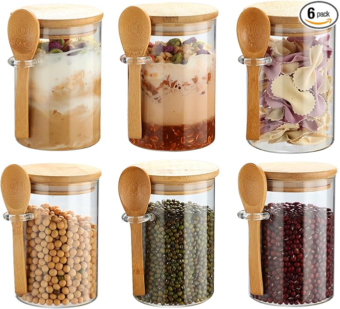 6 Pack Glass Jars with Bamboo Lids and Spoons for Loose Leaf Tea Storage, 17 OZ Glass Overnight Oat Container with Lid and Scoop, Glass Canister Set as Tea Container for Loose Leaf Tea Holder