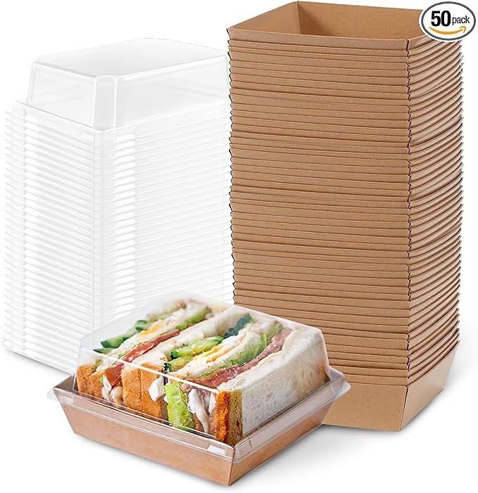 Plastic Charcuterie Boxes with Clear Lids 5in 50pcs, Brown Small Square To Go Paper Bakery Dessert Boxes, Disposable Mini Food Containers for Sandwich Cookie Slice Cake Strawberry Snack