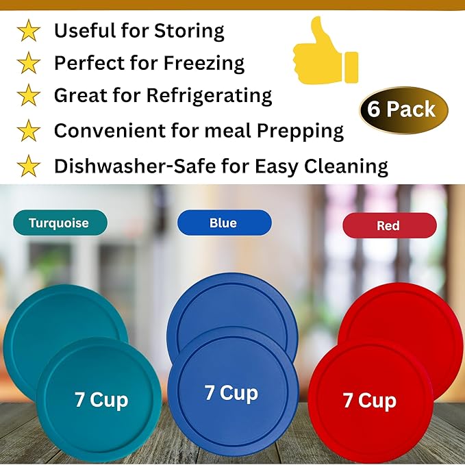 7 Cup/1.65 L Replacement Lids/Covers for Pyrex 7402-PC, Anchor Hocking & KlareWare Storage Bowls *Lids Only - Glass Container Not Included* (Turquoise, Blue, Red, 6 Pack)