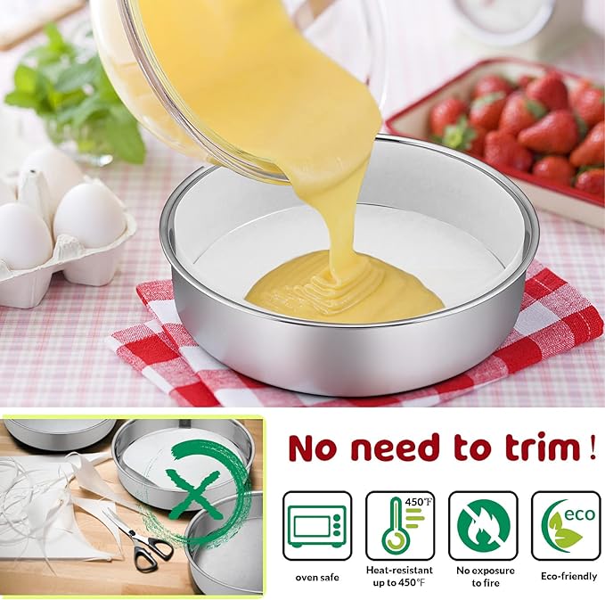 9½ Inch Cake Pan Set of 3, E-Far Stainless Steel Round Layer Cake Baking Pans with Parchment Rounds & Side Liner Roll, Non-Toxic & Healthy Metal Cakes Tin, Straight Side & Dishwasher Safe