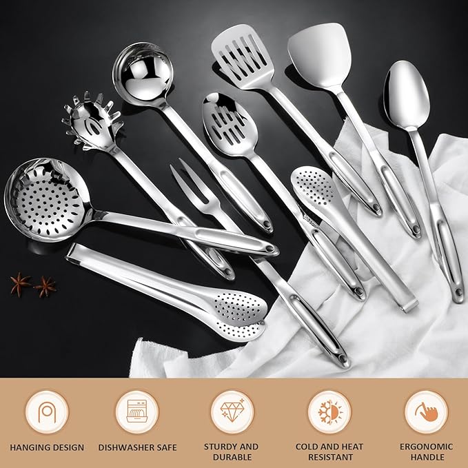 304 Stainless Steel Kitchen Utensils Set, 10 Pcs Stainless Steel Cooking Utensils Set, Heat Resistant Metal Kitchen Tools Spatulas Set, Spatulas, Spoons, Ladle, Meat Fork and Skimmer