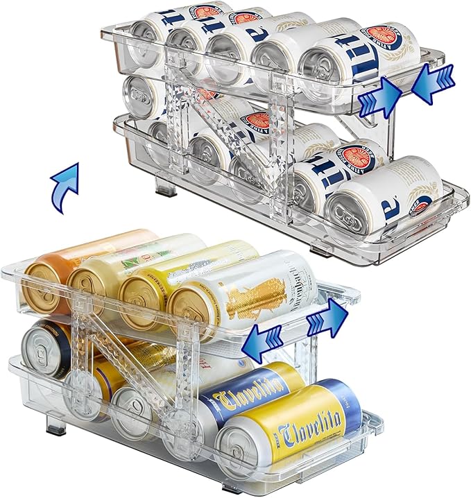 2-Pack Adjustable Can Dispenser for Refrigerator & Pantry - Expandable Width (6.23"-9.37") Gravity-Fed Organizer, Stackable Drink Holder Fits Standard/Tall Cans & Energy Drinks, BPA-Free (Clear-1)