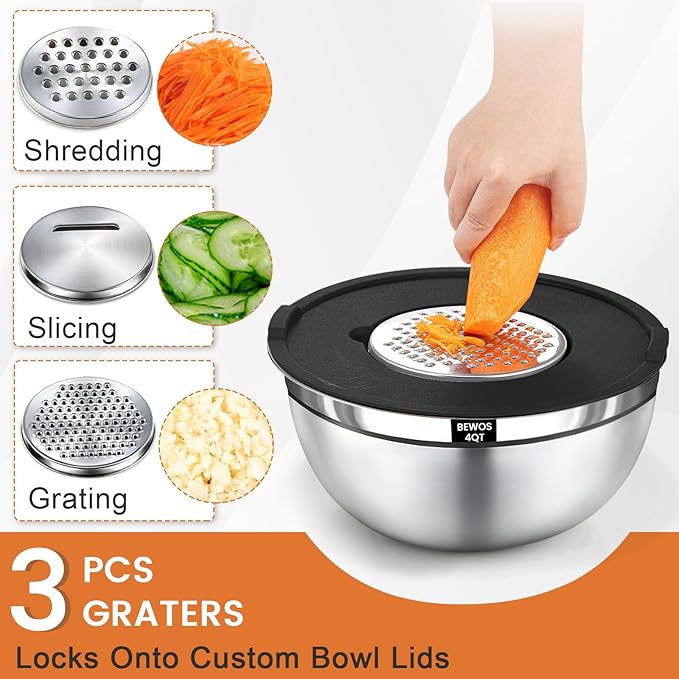 BEWOS Mixing Bowls with Airtight Lids Set - 5 Pcs Stainless Steel Mixing Bowls With 3 Grater Attachments, Size 4.5, 4, 3.5, 2.1, 1.5QT Metal Bowls for Baking and Serving (Black)