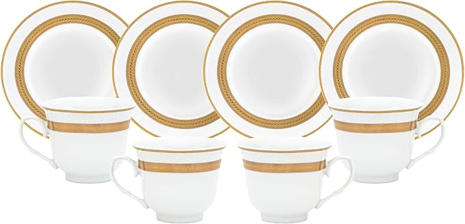 Porcelain Tea Set 8 Piece - 5.75 inch Saucers, 6.5 oz Cups - Elegant White with Gold Rope Design - Dish Set for Tea-Parties, Cappuccino, Vintage Kitchen Decor (Rope Gold 3008, 8 Piece)