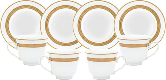 Porcelain Tea Set 8 Piece - 5.75 inch Saucers, 6.5 oz Cups - Elegant White with Gold Rope Design - Dish Set for Tea-Parties, Cappuccino, Vintage Kitchen Decor (Rope Gold 3008, 8 Piece)