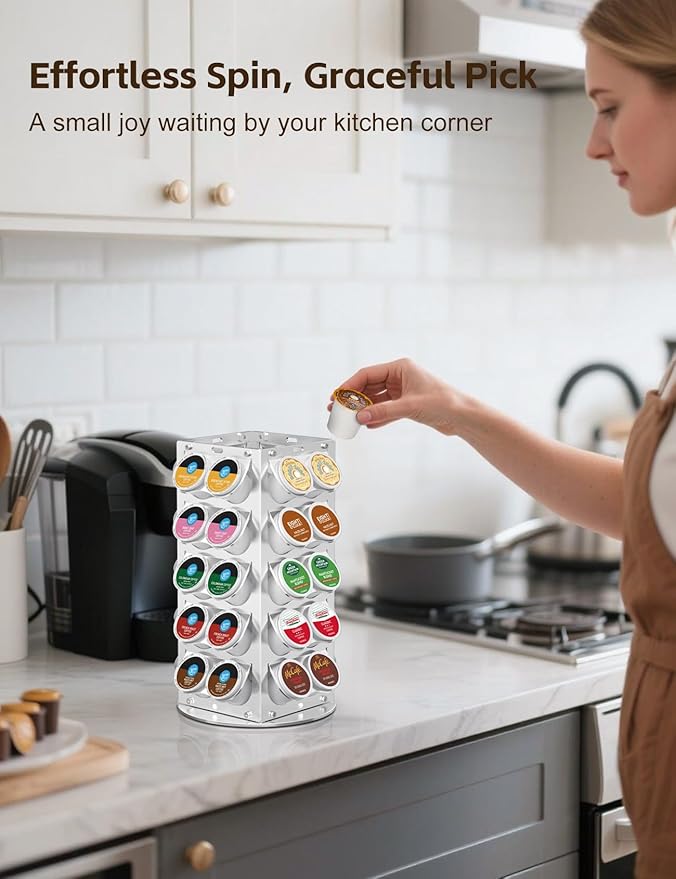 K Cup Holder, Coffee Pod Holder for Keurig – 360° Rotating Aluminum Coffee Organizer for Countertop,Saving Design with Anti-Slip Base for Kitchen or Office,Capacity of 40 Pods,Silver