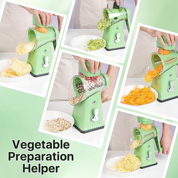 Rotary Cheese Grater with 5 Blades, Large Food Tube, Safety Food Pusher, Strong Suction Base, Mint Green