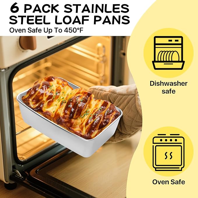 6 Pack Loaf Pan for Baking Bread, 304 Stainless Steel Bread Loaf Pan Meatloaf Pan for Homemade, Banana, Lasagna Cake, Brownies, Lasagnas, Oven & Dishwasher Safe